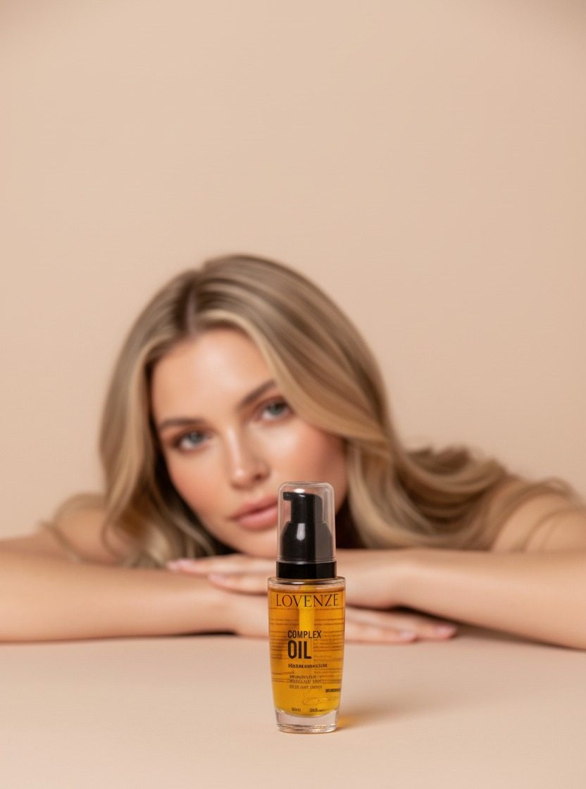 Modelo con cabello largo, brillante y ondulado — campaña L’OVENZE